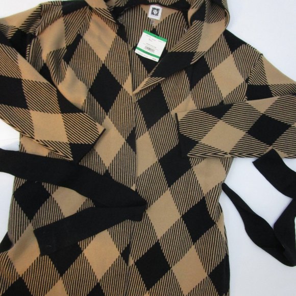 NWT Hooded Wrap Cardigan Sweater Diamond Plaid Check Camel Black - Picture 6 of 11